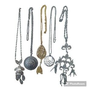 Necklace Costume Jewelry Tassel Victorian Silver Gold Vintage Pendant Lot Of 5